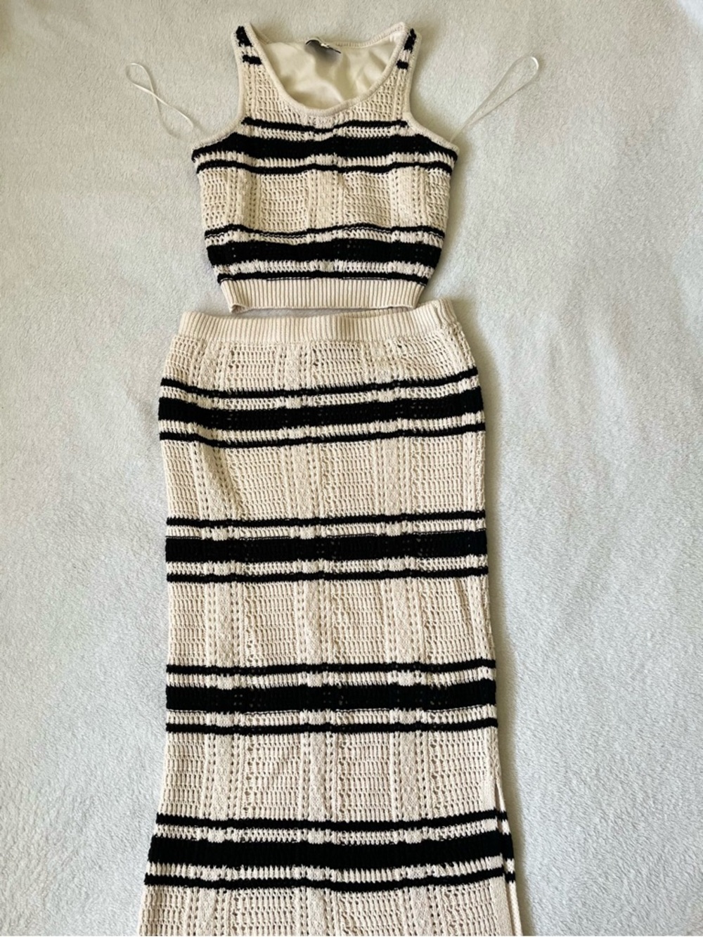 Striped Knit Maxi Skirt with Matching Crop Tank - Cream & Black - Picture 2 of 10